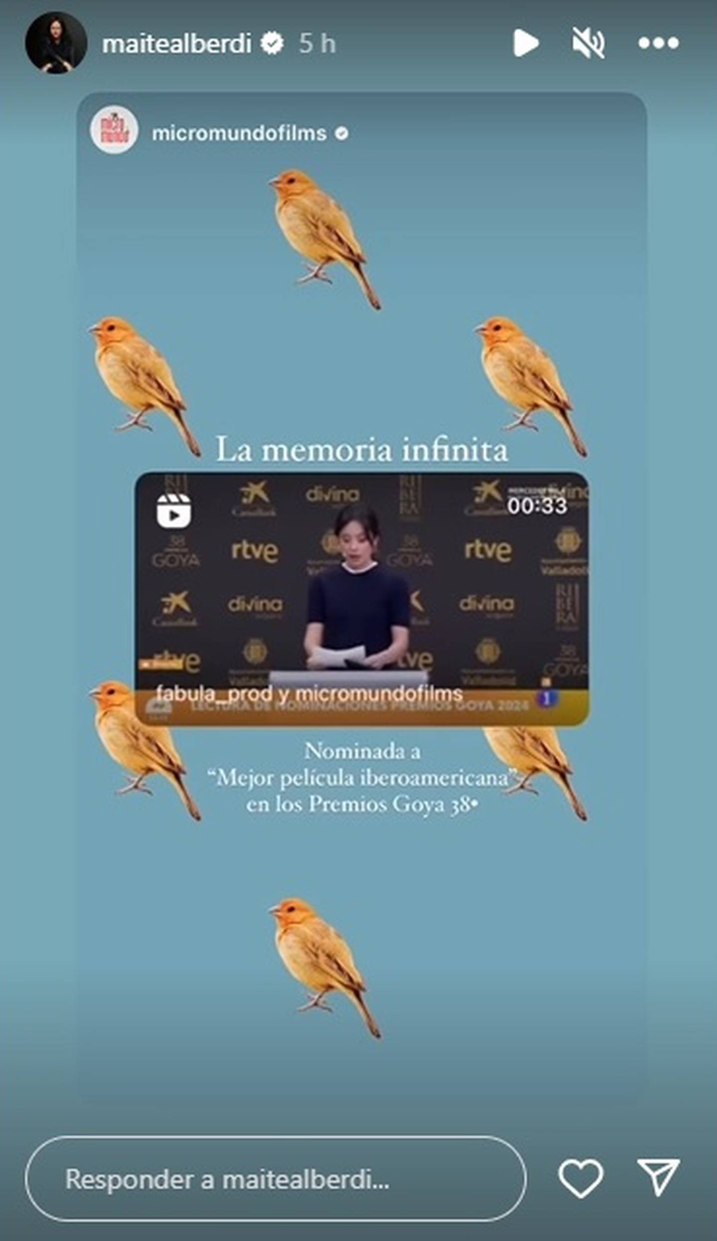 La directora chilena evidenció en redes sociales su satisfacción por la nominación de su documental "La memoria infinita" a los Premios Goya 2024.