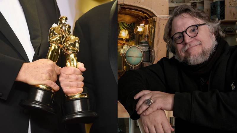 Estatuillas de los Premios Oscar y Guillermo del Toro.