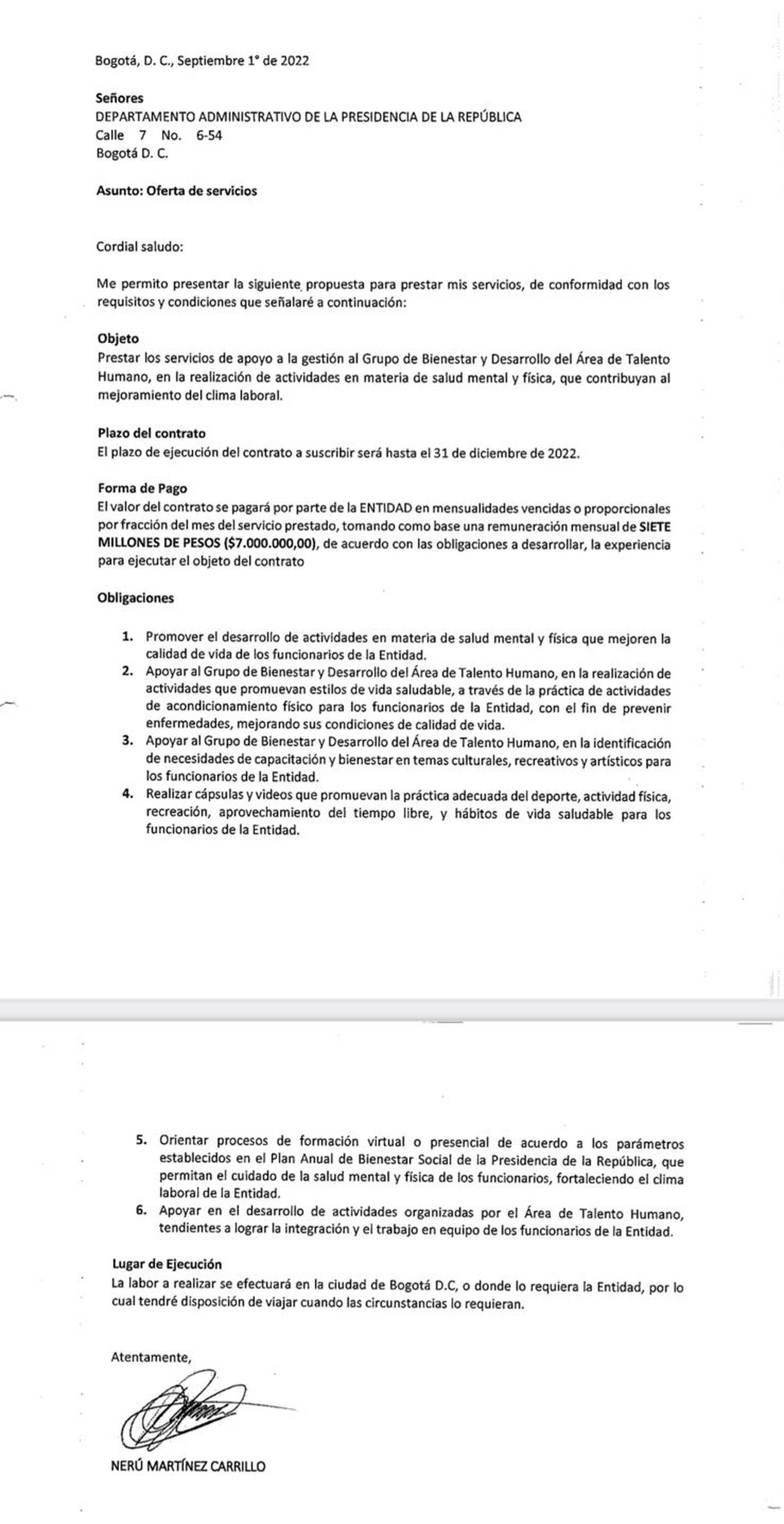 Imagen del contrato de Nerú en Presidencia.