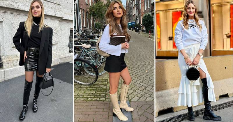 Fotos de las influencers Chiara Ferragni,  Negin Mirsalehi y Olivia Palermo con looks de faldas y botas