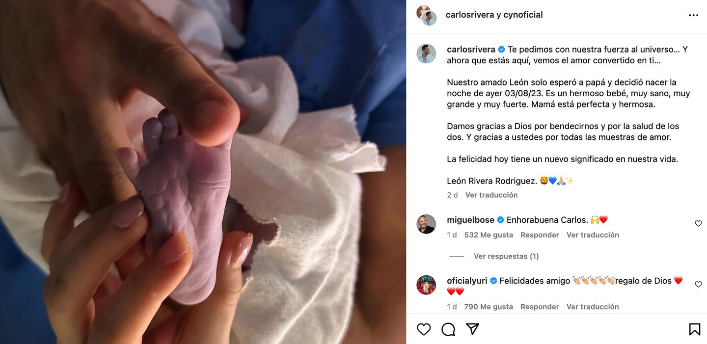 Nace el bebé de Carlos Rivera y Cynthia Rodríguez