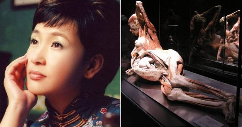 Fotos de Zhang Weijie y la escultura humana en Body Worlds que aseguran es ella