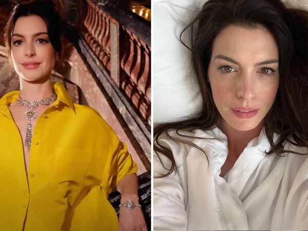 Anne Hathaway transformó el look de animal print con un vestido dorado de pedrería