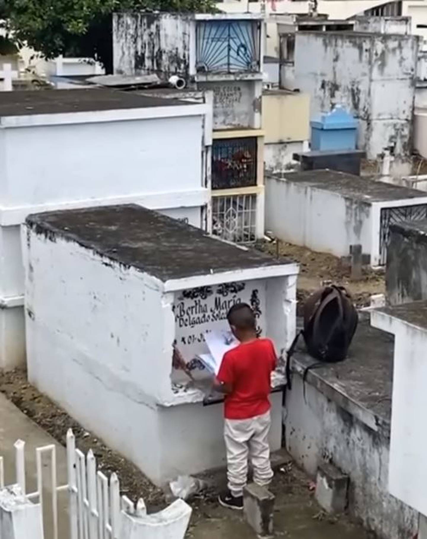 Niño visitando la tumba de su mamá