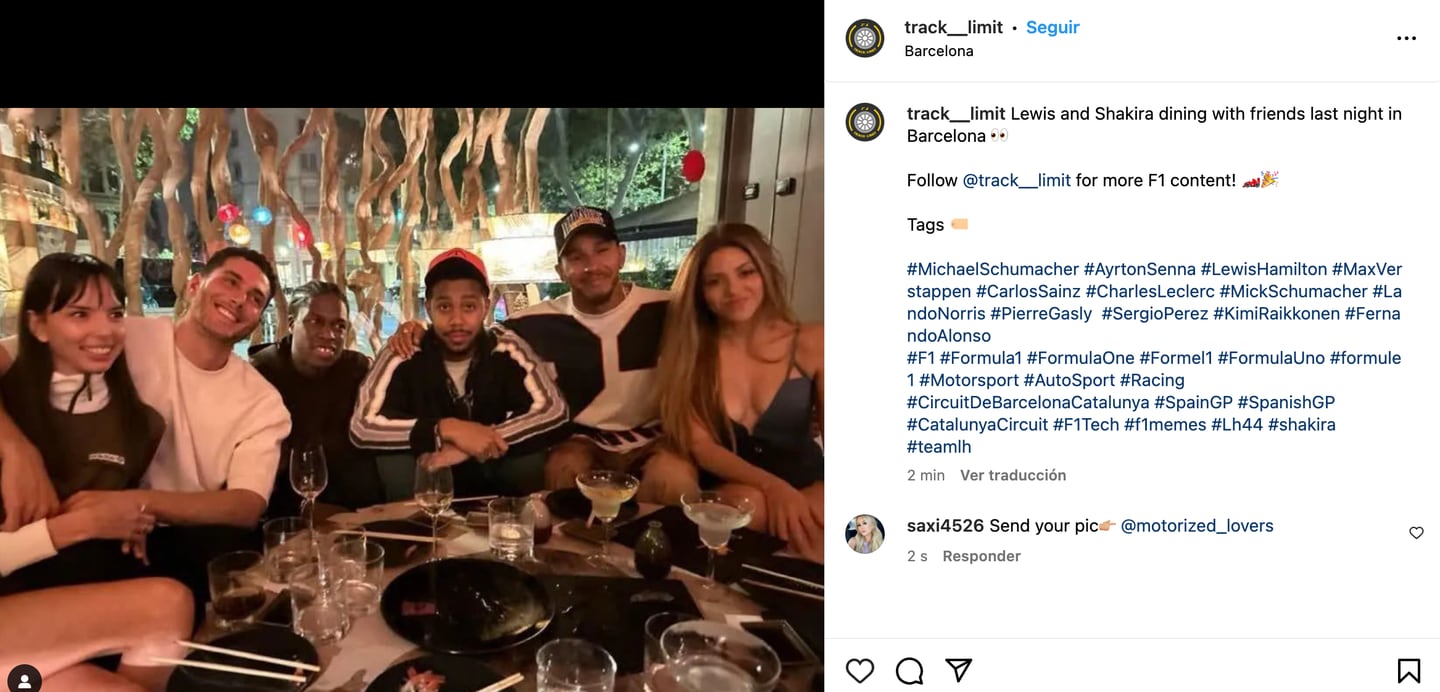 Shakira en una cena con amigos junto a Lewis Hamilton