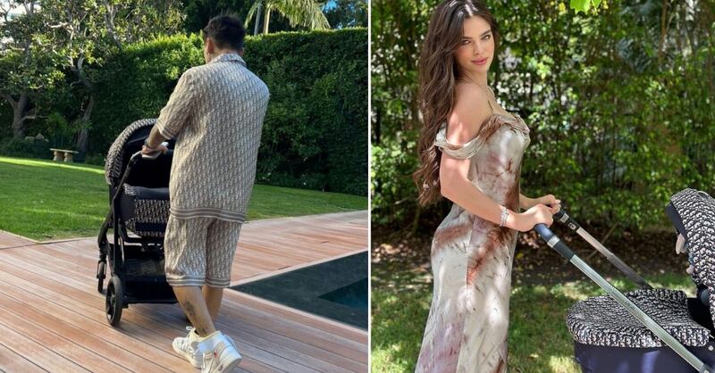 Christian Nodal y Nadia Ferreira paseando a sus bebés en carriolas Dior
