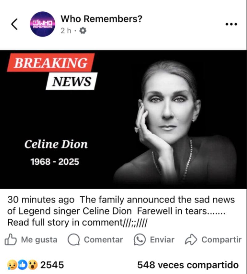 Noticia sobre la supuesta muerte de Céline Dion