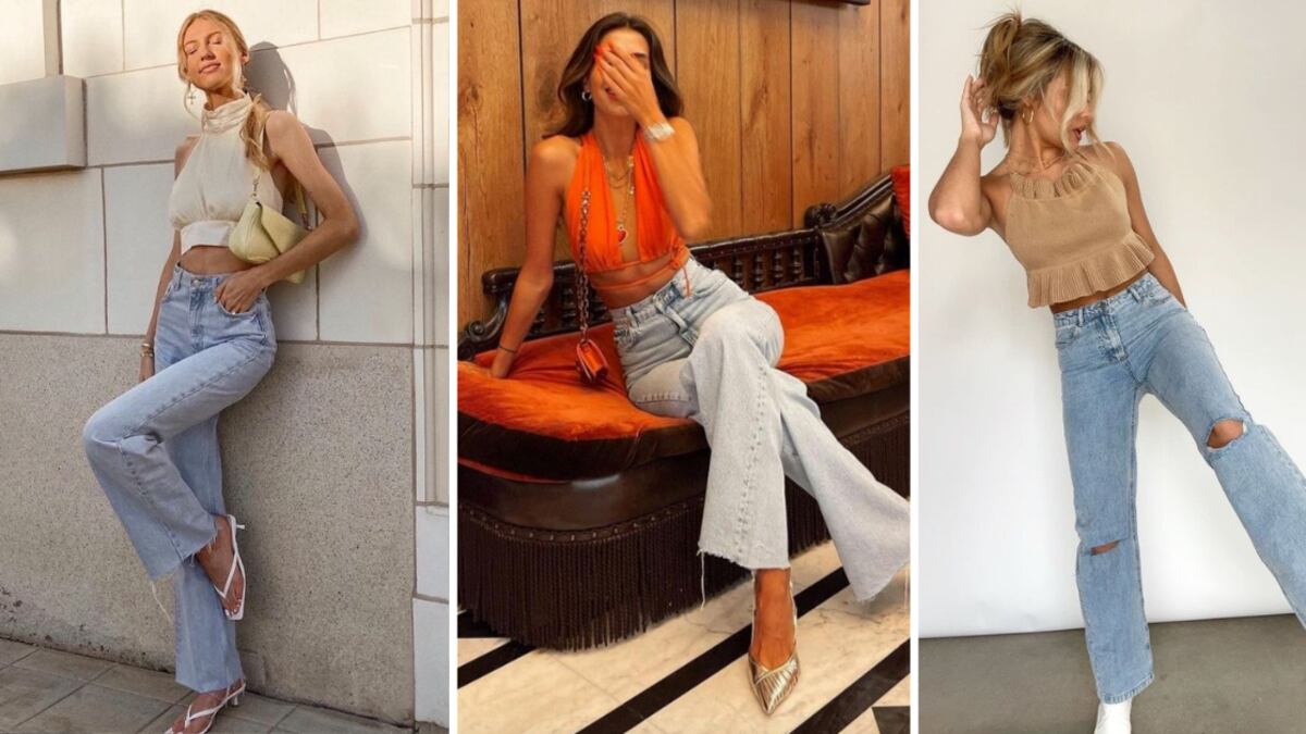 ¿Cómo usar flare jeans con top de cuello hálter?