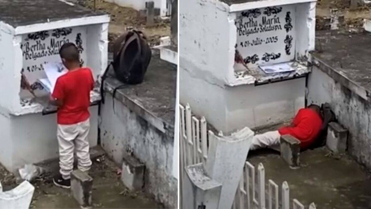 Niño visitando la tumba de su mamá