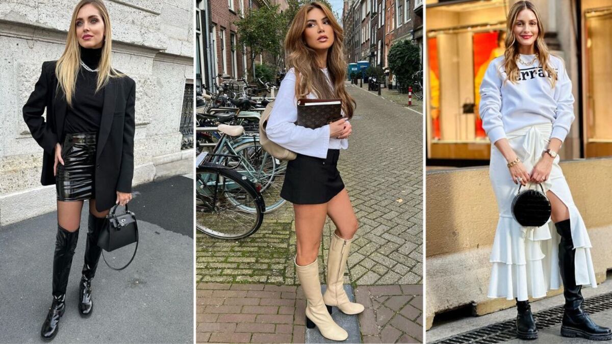 Fotos de las influencers Chiara Ferragni, Negin Mirsalehi y Olivia Palermo con looks de faldas y botas