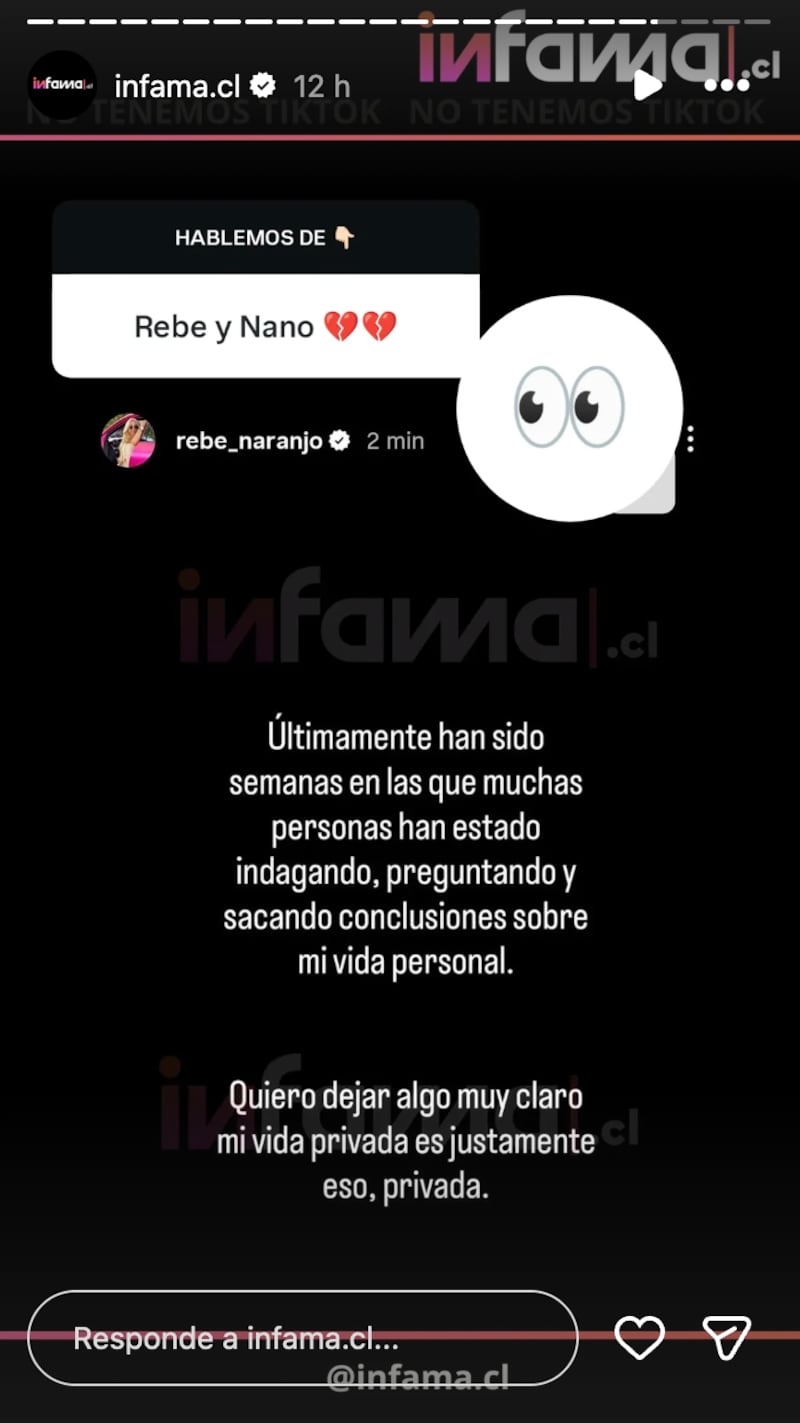 Historia sobre relación de Nano Calderón y Rebeca Naranjo | Fuente: Instagram @infama.cl