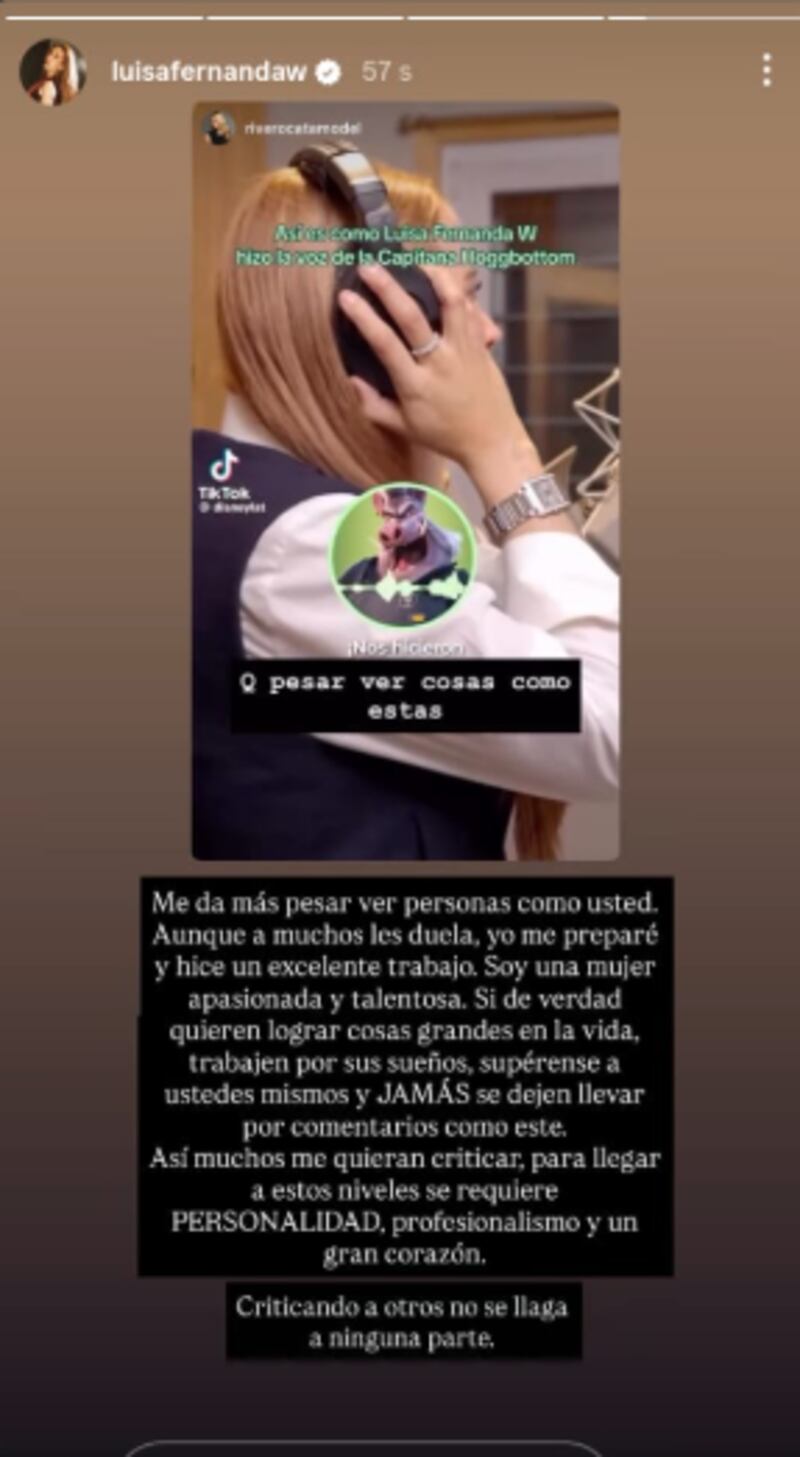 Luisa Fernanda W sacó las garras y le contestó a actriz que la criticó por su trabajo en Zootopía 2