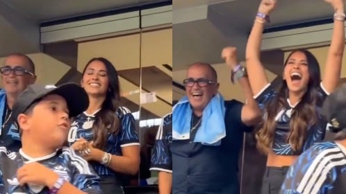 Antonela Roccuzzo y sus hijos celebraron desde el palco el gol de Lionel Messi en la victoria de Argentina sobre Austria.