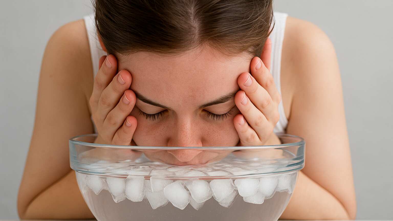 Mujer metiendo el rostro en agua con hielo
