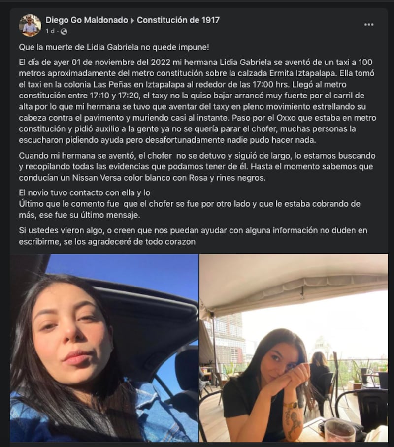 Qué pasó con Lidia Gabriela, la joven que falleció tras lanzarse de taxi: este fue su último mensaje