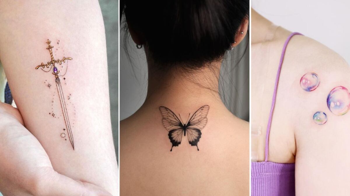 Foto de un tatuaje de espada, un tatuaje de mariposa y un tatuaje de burbuja
