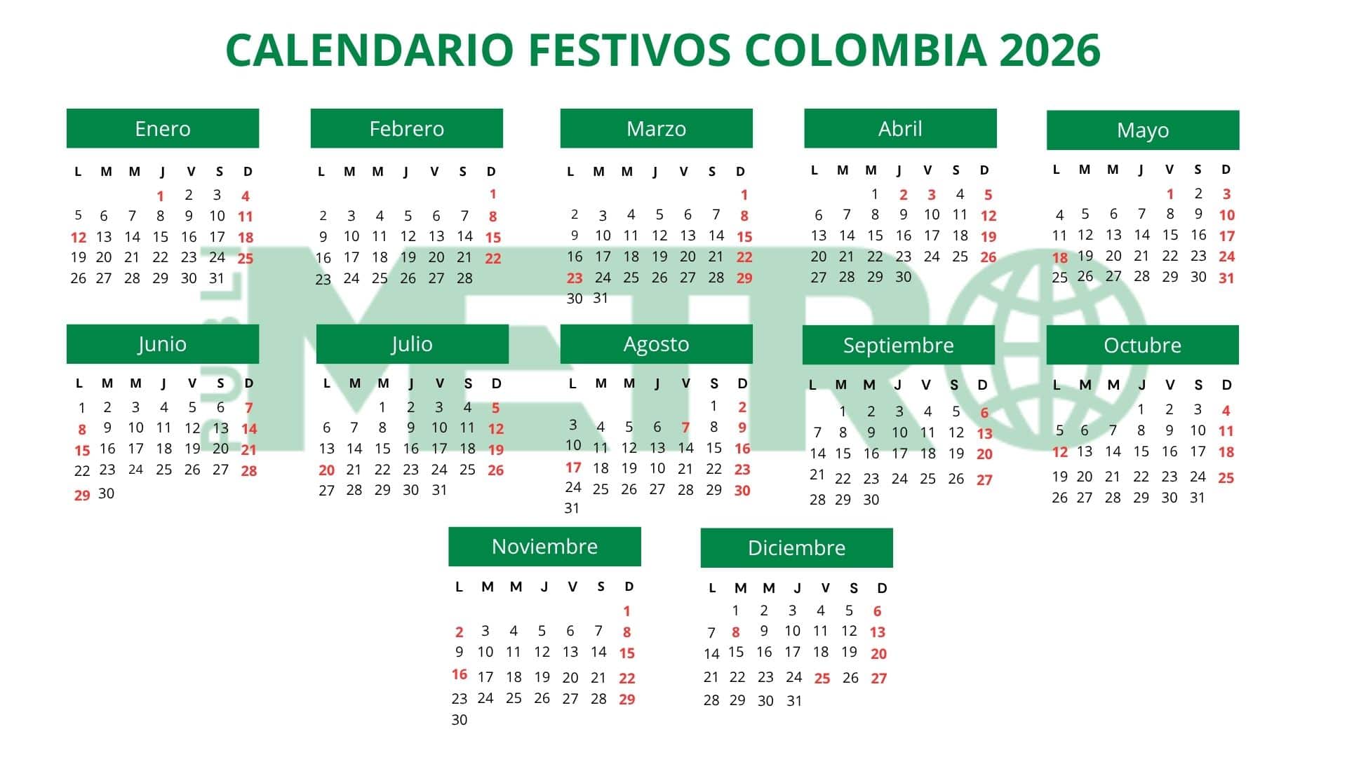 Calendario festivos Colombia 2026