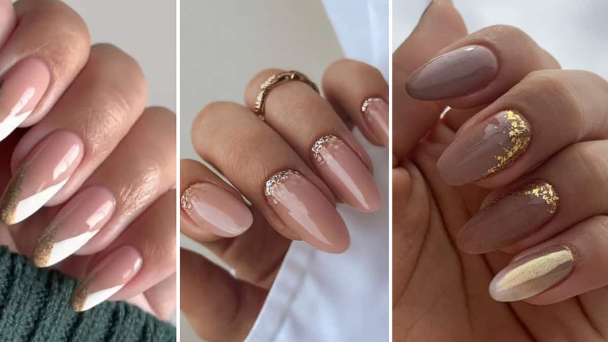 Diseños de uñas nude con dorado