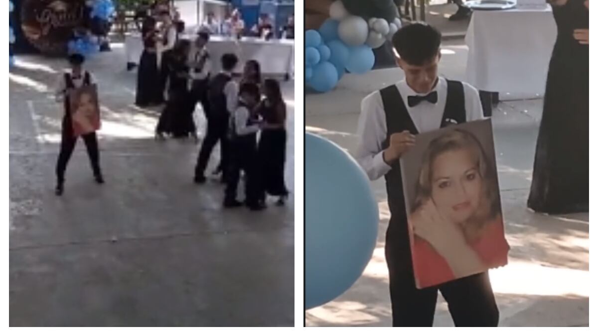 Imposible no llorar: alumno baila con el cuadro de su mamá fallecida durante graduación y conmueve a las redes