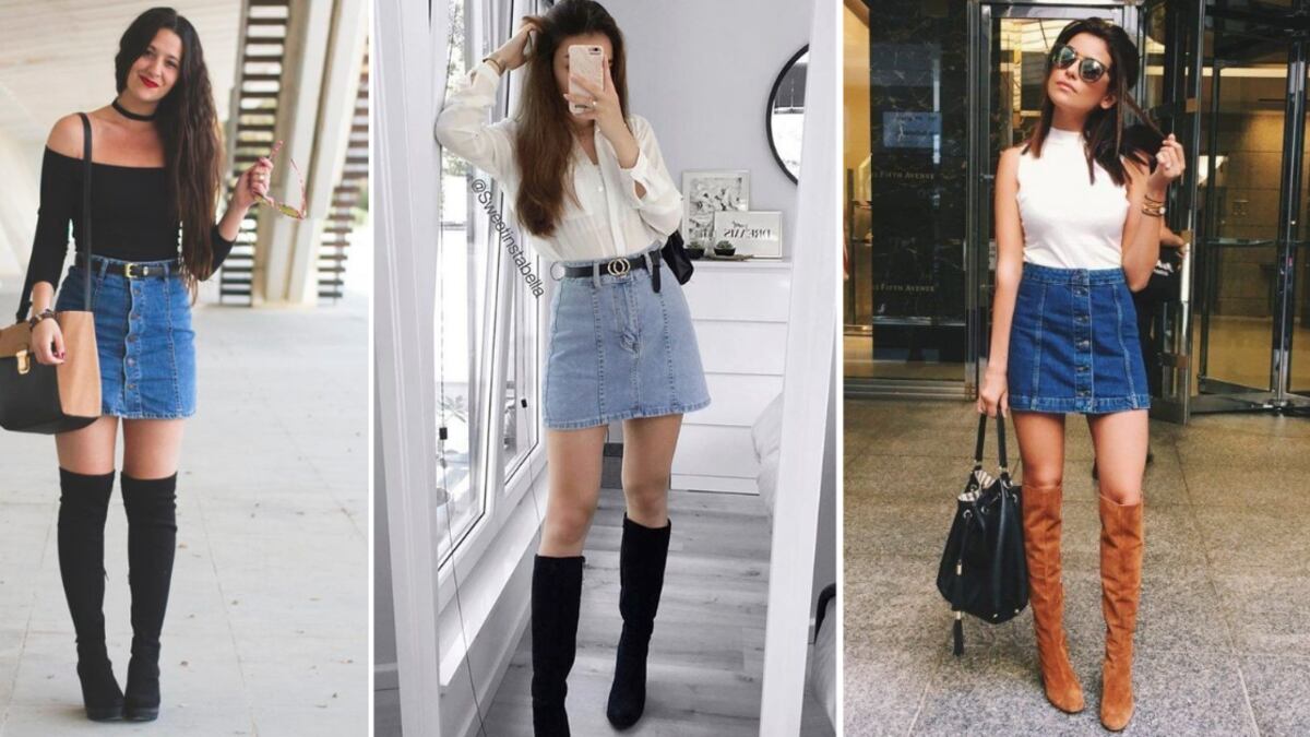 Moda de minifalda de mezclilla con botas 2024