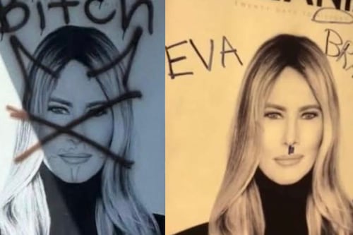 Manifestantes pintan y destruyen publicidad de Melania por el estreno de su nueva película