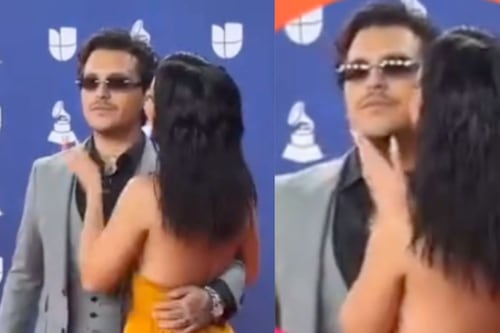 Christian Nodal rechaza beso de Ángela Aguilar en plena alfombra roja de los Latin Grammy