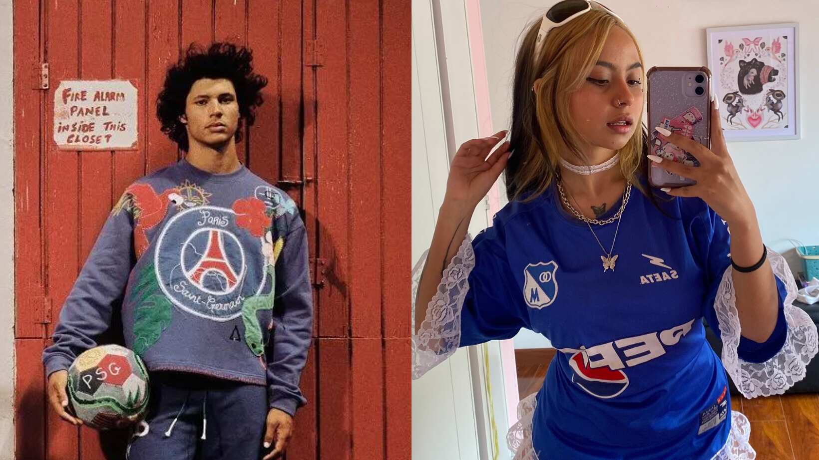 Esteban Cortázar en su colaboración para el PSG y Mariana Vargas, creadora del vestido de la camiseta de Millonarios. Tendencia Blokecore.