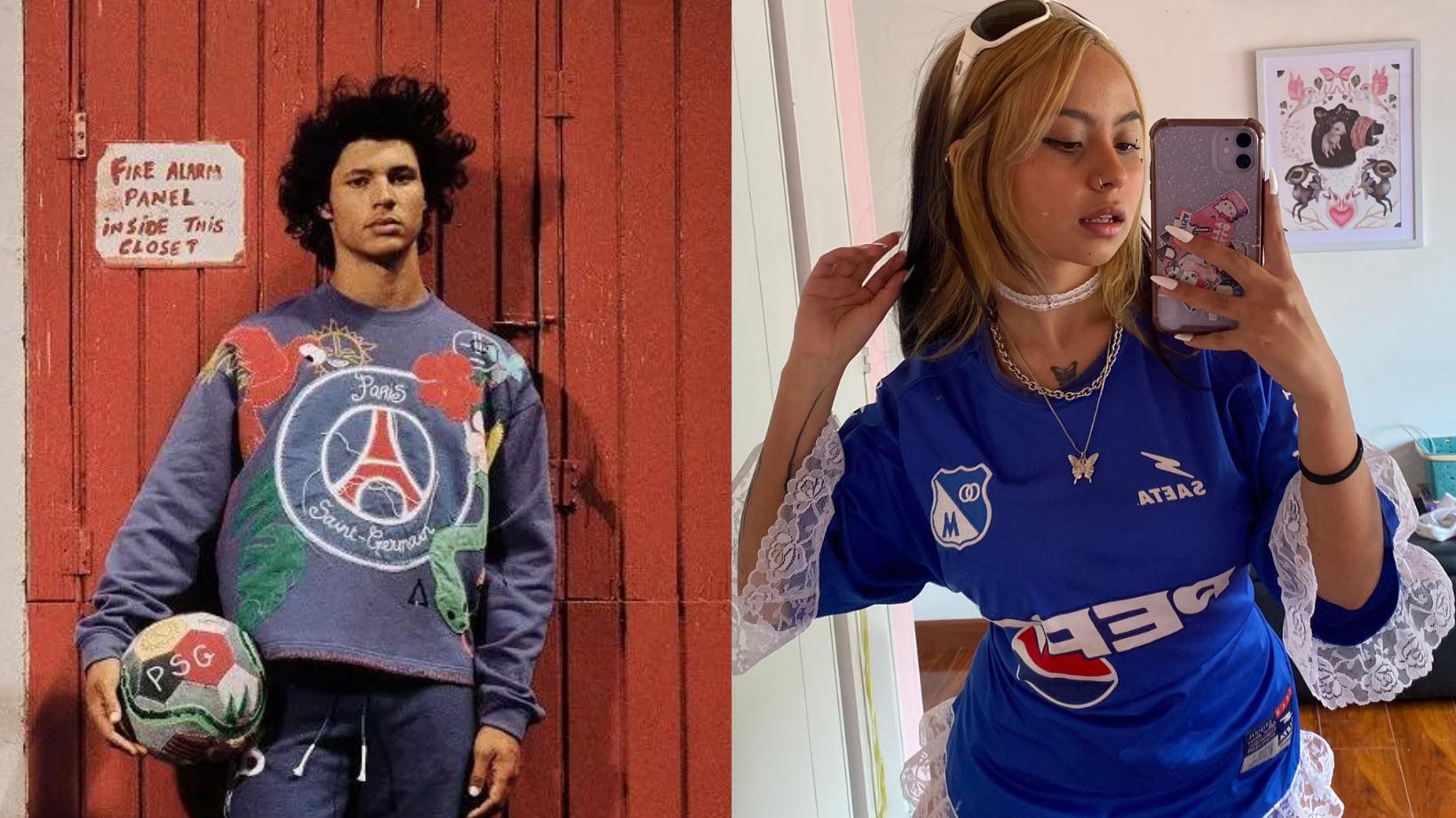 Esteban Cortázar en su colaboración para el PSG y Mariana Vargas, creadora del vestido de la camiseta de Millonarios. Tendencia Blokecore.