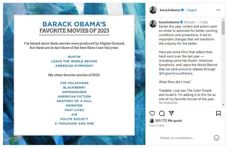 Barack Obama incluyó éxitos de taquilla y algunos filmes de Netflix en su lista de películas favoritas de 2023
