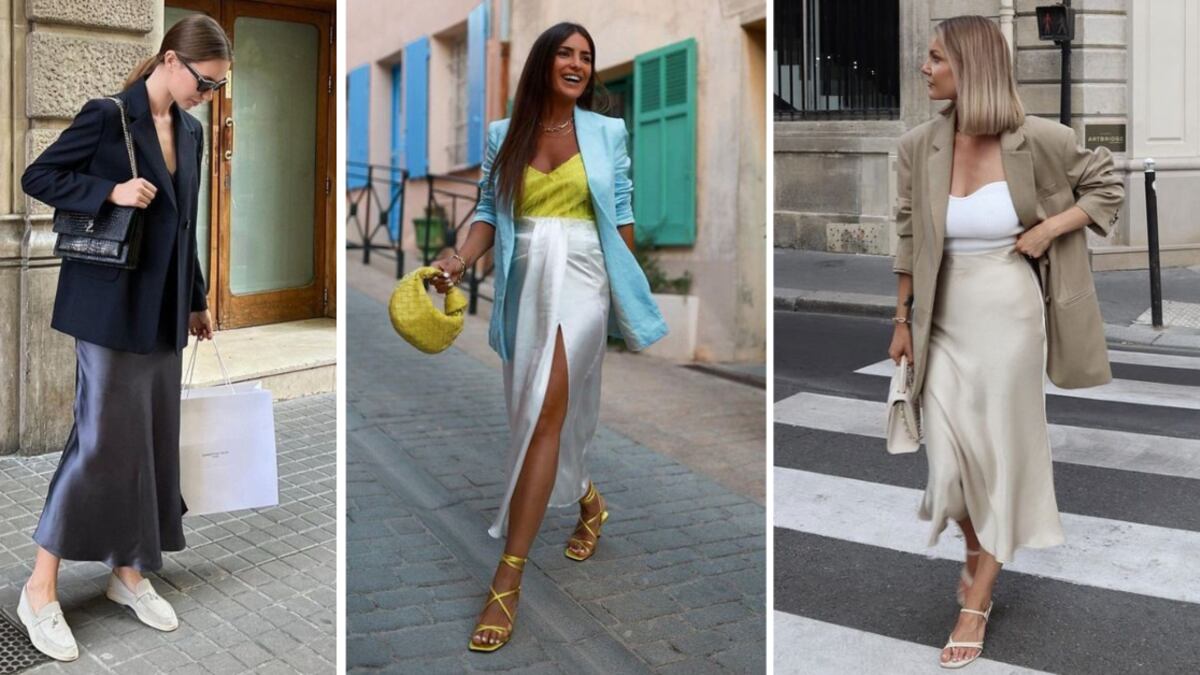Las faldas satinadas serán la prenda más elegante de la primavera y así las puedes usar con blazer.