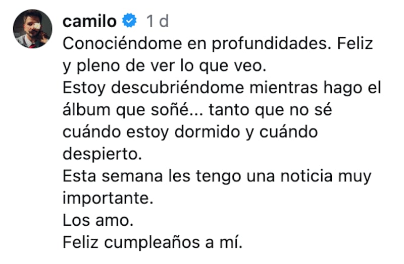 Camilo comparte mensaje por su cumpleaños