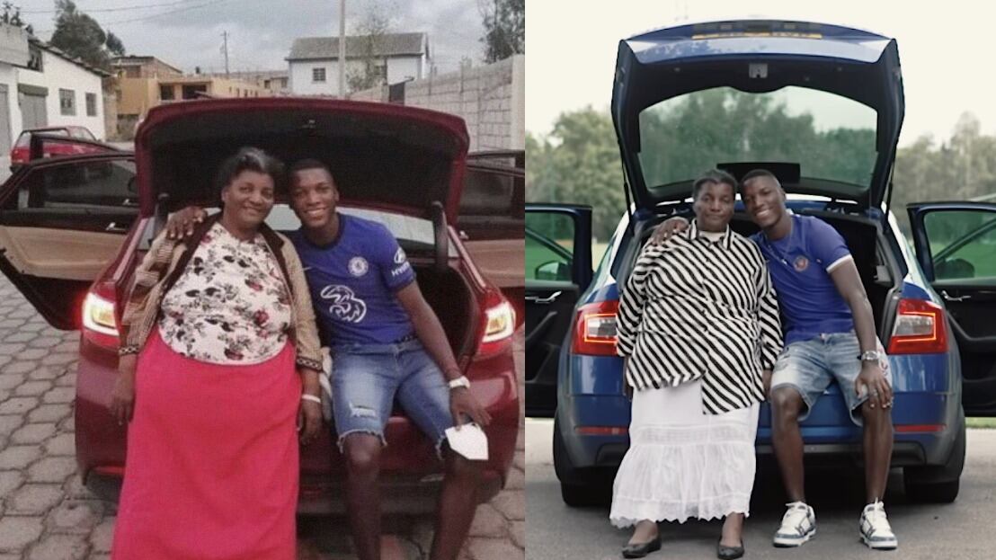 Moisés Caicedo y su mamá en 2020 y 2023. / Instagram @chelseafc.