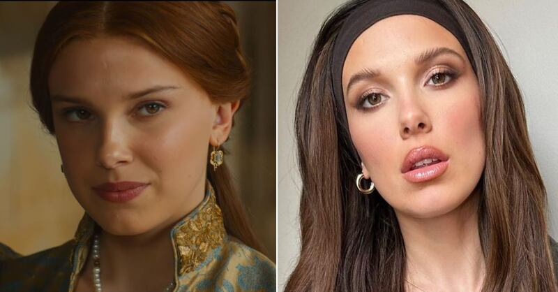 Millie Bobby Brown en 'Damsel' y en la vida real