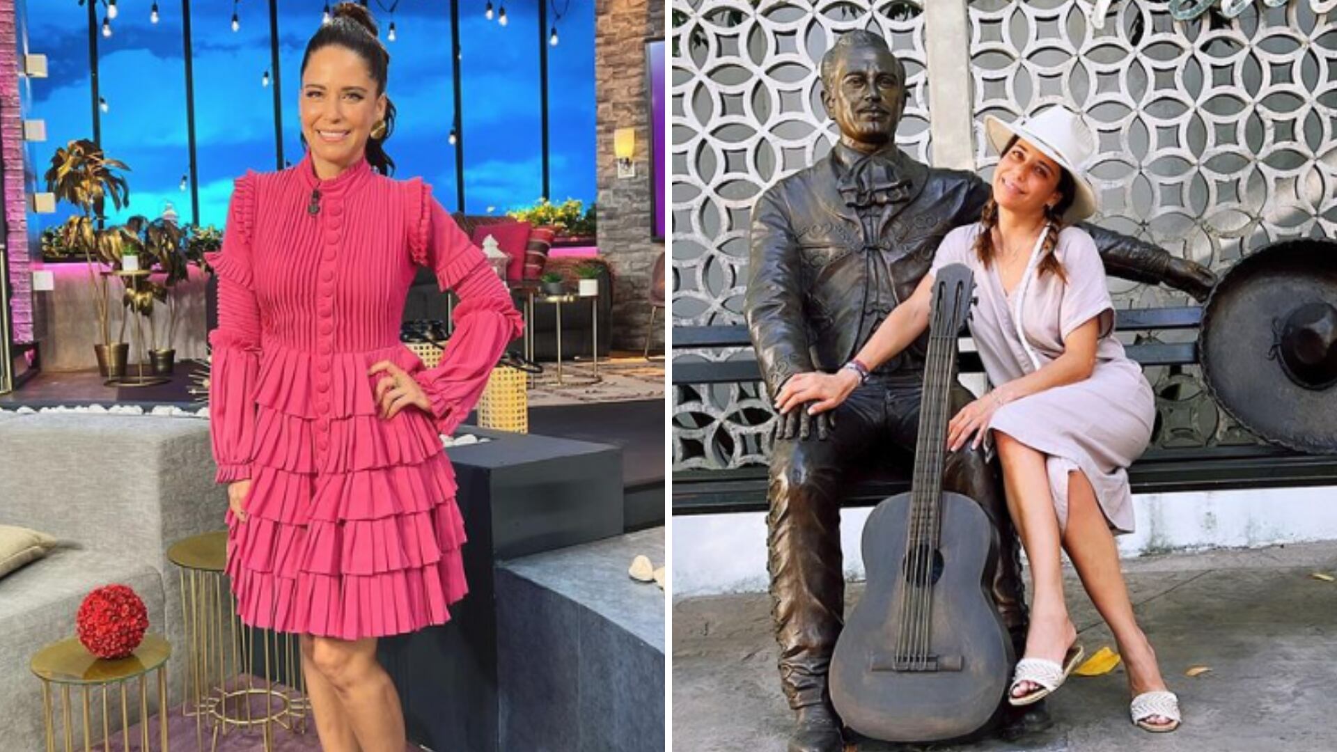 Ana Claudia Talancón muestras varias opciones de vestidos para eventos.