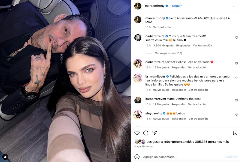 Marc Anthony y Nadia Ferreira celebran su aniversario con nueva selfie