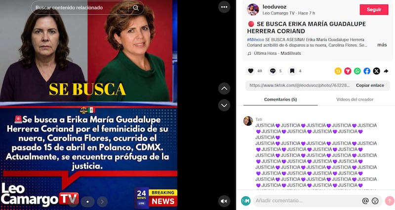 Con la palabra "JUSTICIA" acompañada de un corazón morado, usuarios han iniciado una cacería digital para dar con el paradero de Erika María Guadalupe Herrera, señalada como la responsable del feminicidio de Carolina Flores.