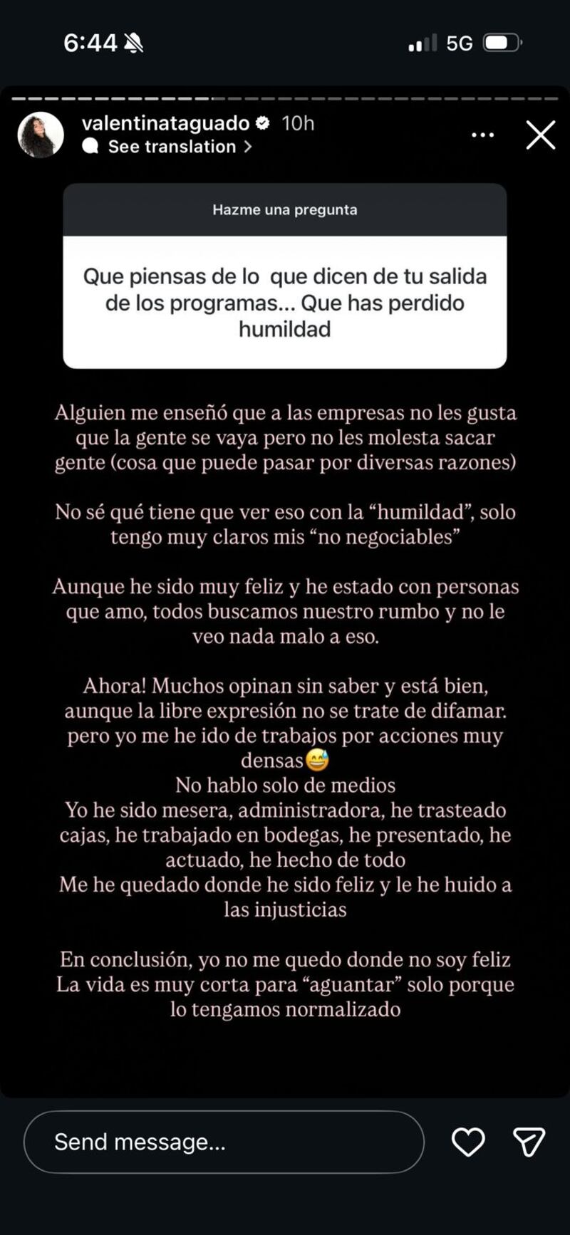 Valentina Taguado en su Instagram