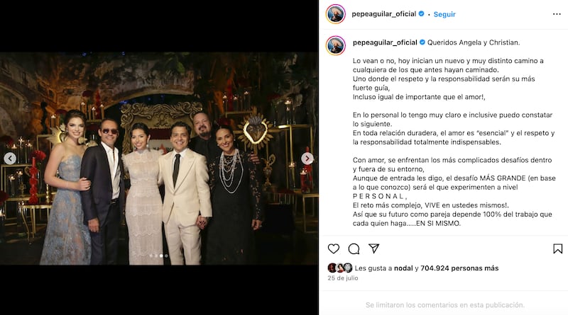 Nadia Ferreira y Marc Anthony en la boda de Nodal y Ángela Aguilar