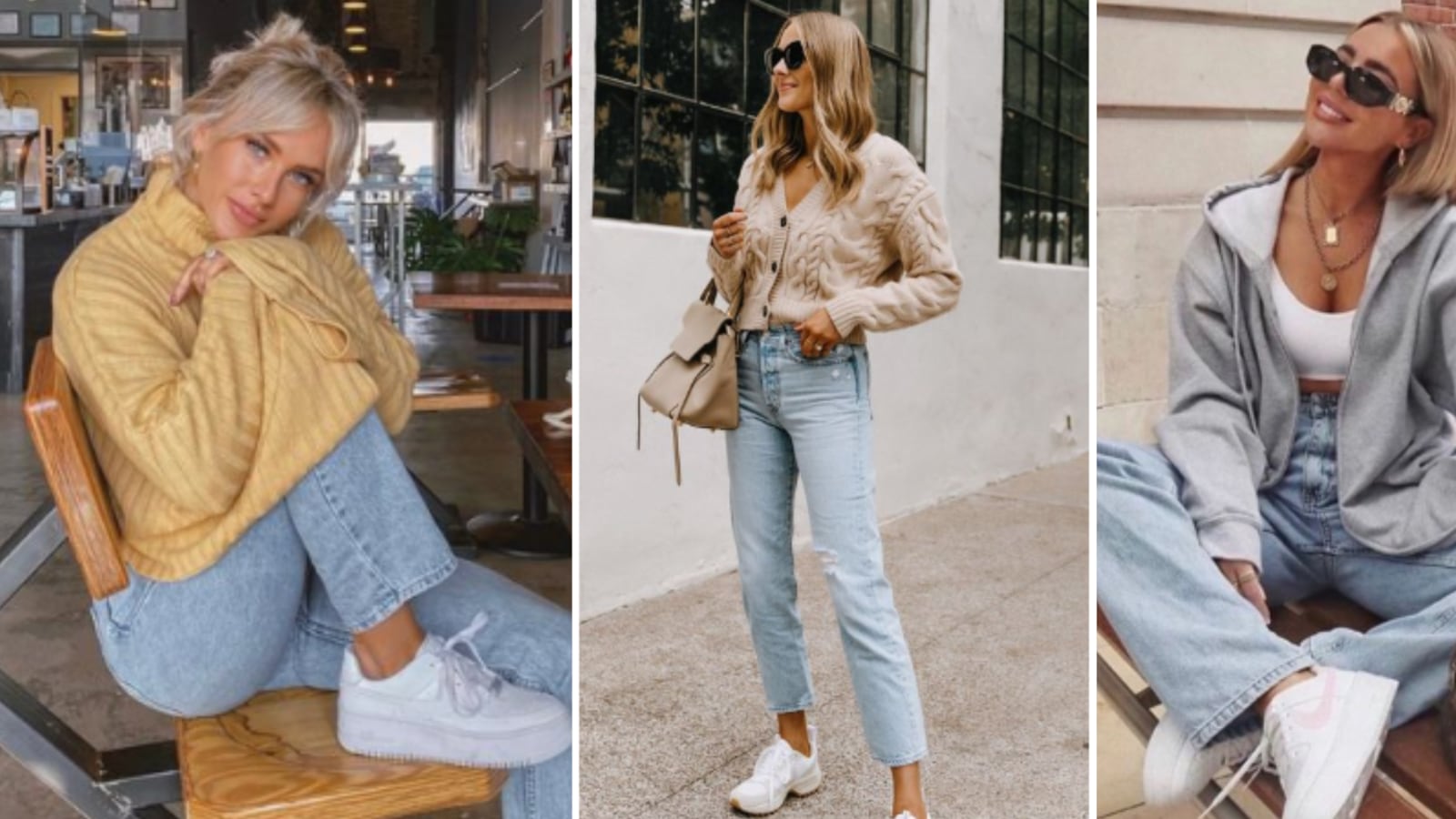 Combinación de jeans claros con tenis