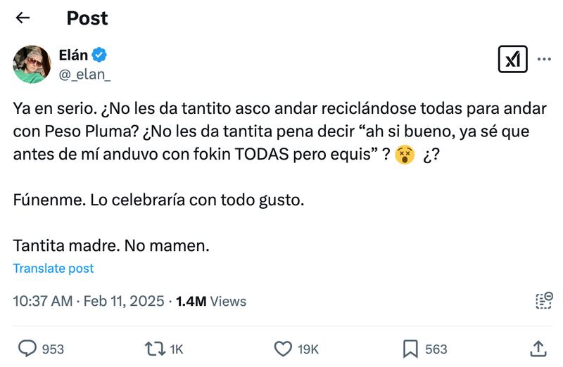 Elán critica el romance de Peso Pluma y Kenia Os