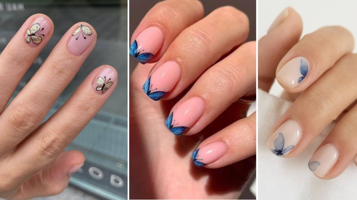 Uñas transparentes con mariposas