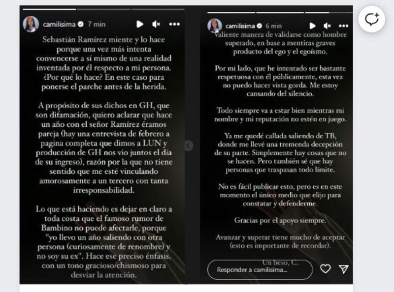 Molesta, enojada y con rabia quedó Camila Campos al enterarse que su expareja, Sebastián Ramírez, habló de ella en Gran Hermano y la vinculó con el futbolista Alexis Sánchez, asegurando que tenían una relación hace como un año. 
Producto de ella, la exparticipante de Tierra Brava, le respondió con todo, indicando que todo es mentira, con el único fin de “validarse como hombre superado”.