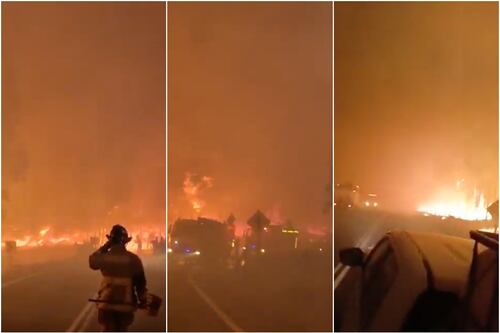 “¡Hay que rajar de aquí!”: desesperado escape de bomberos en incendio fuera de control que afecta a Coronel