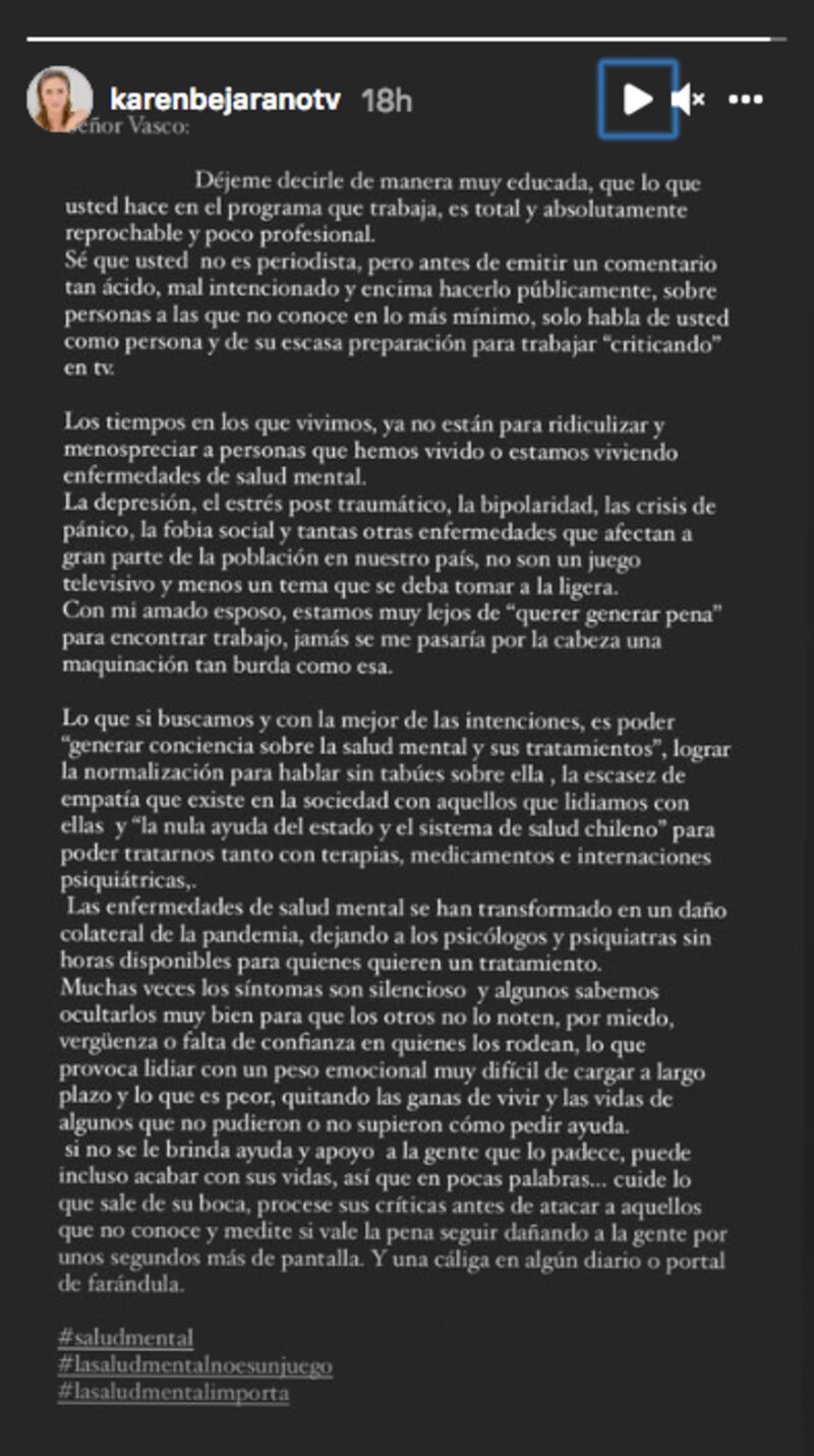 Karen Bejarano respondió a Vasco Moulian
