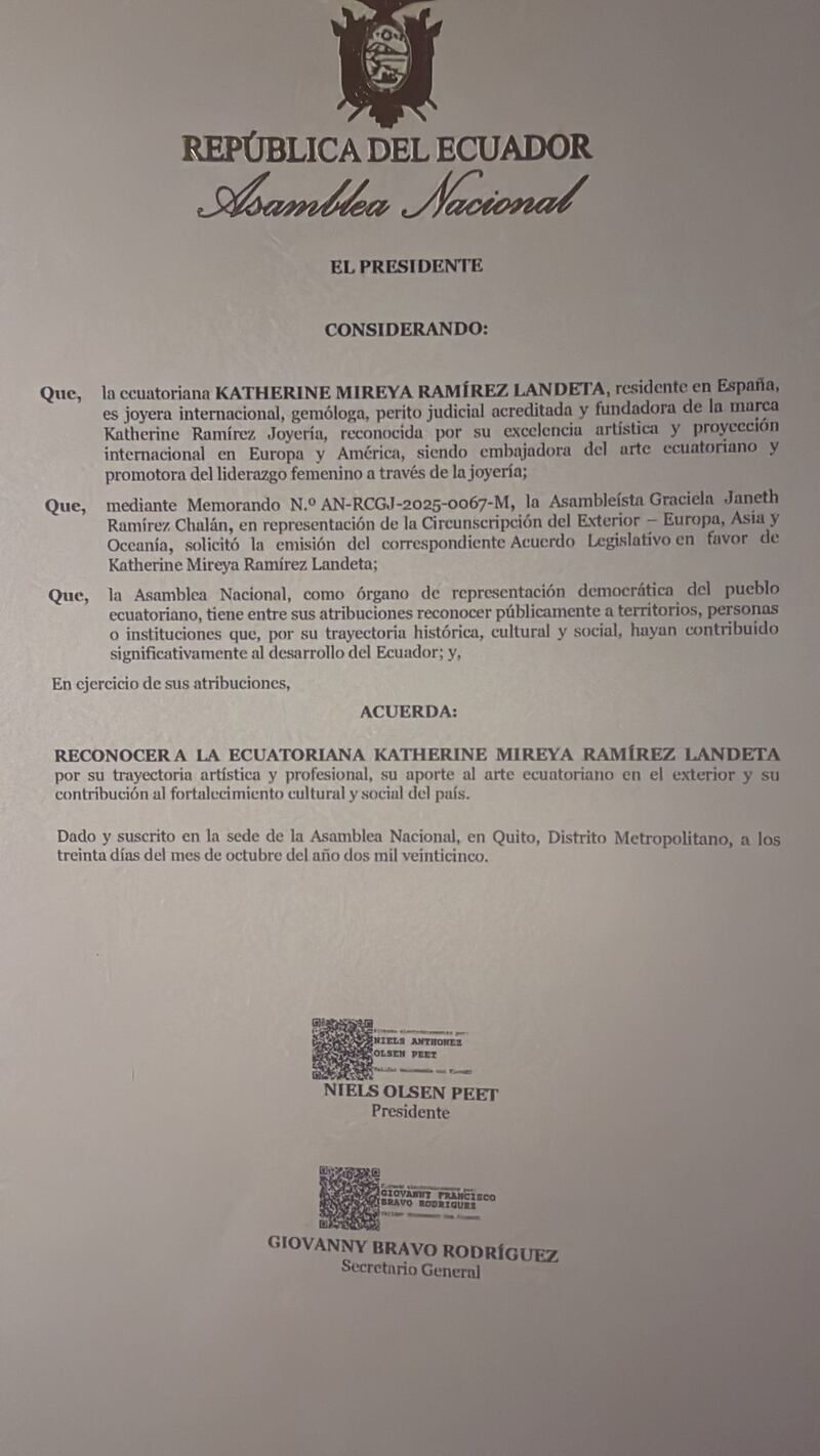 Reconocimiento entregado por la Asamblea Nacional