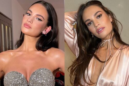 Lily James conquista en ajustado conjunto de top corto y falda lápiz verde pistacho