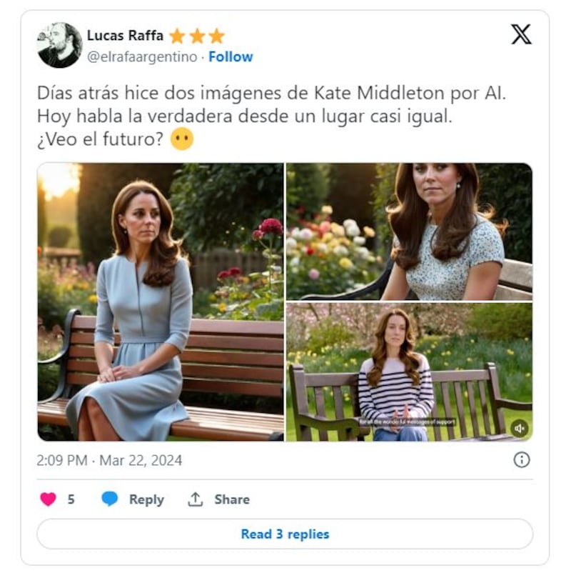 Un usuario en X señaló las coincidencias entre las últimas imágenes de Kate Middleton y unas que hizo días antes de la princesa con IA