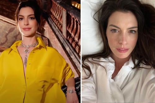 Anne Hathaway transformó el look de animal print con un vestido dorado de pedrería