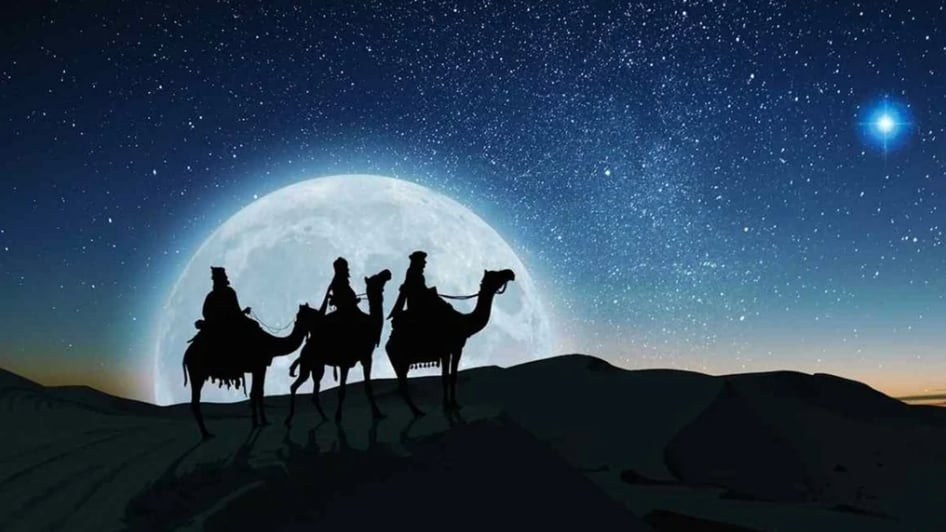 Ilustración artística de los tres reyes magos siendo guiados por la estrella de Belén