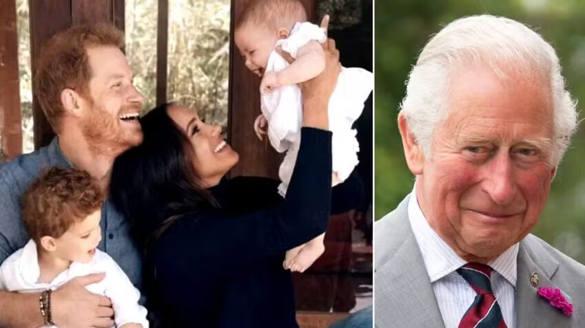 O Príncipe Harry, Meghan Markle e os filhos, Archie e Lilibet, e o Rei Charles III — Foto: Reprodução e Getty Images